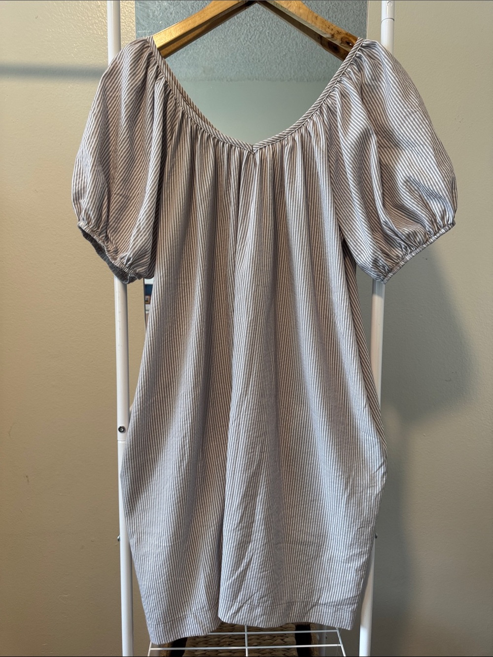 Maronie Striped Puff-Sleeve Mini Dress Pockets Made in USA